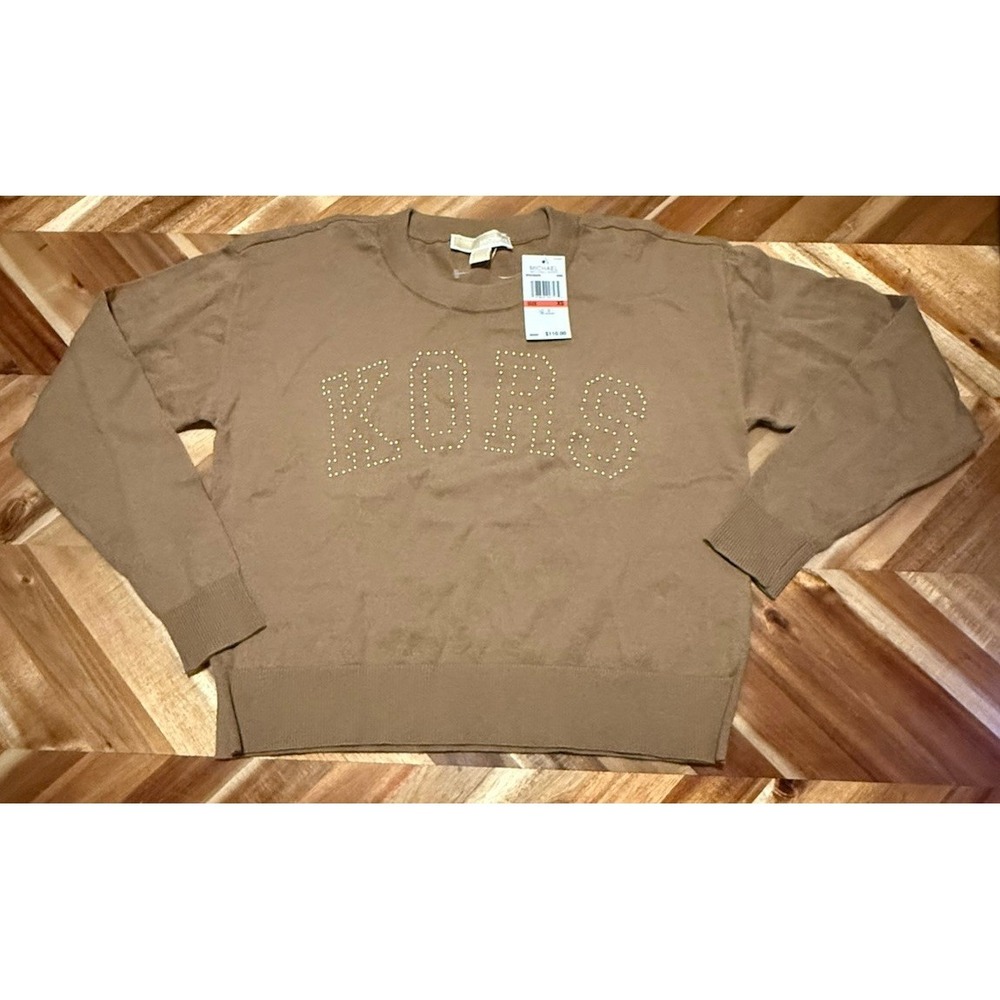 NWT Michael Kors Oversized XS Cotton Blend Sweater Womens Brown Spell Out $110‎
